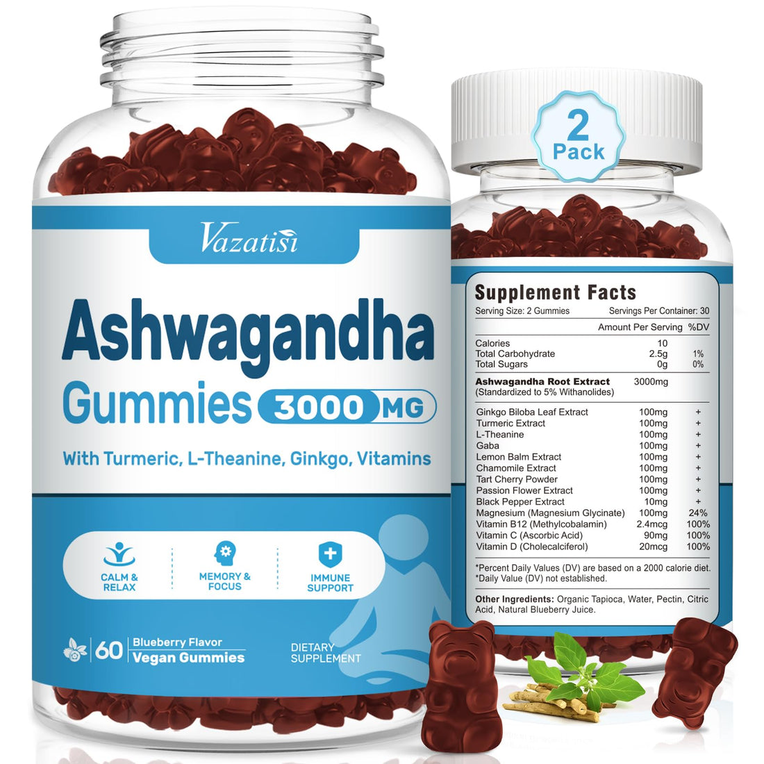 Vazatisi Ashwagandha Gummies for Women &amp; Men-3000mg Ashwagandha Supplements for Calm Mood &amp; Increased Energy Non-GMO Gluten-Free Vegan 120ct