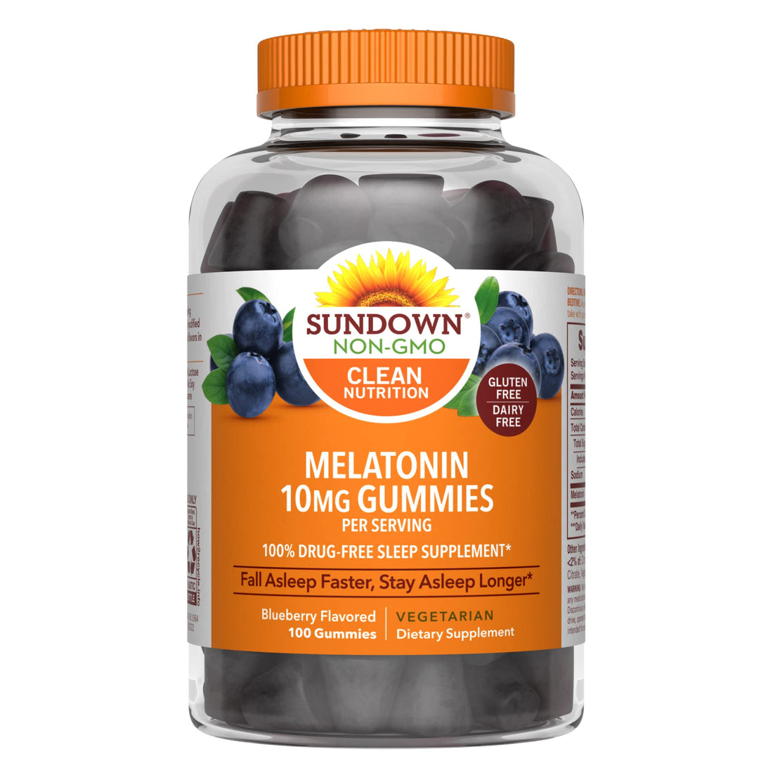 Sundown Melatonin 10mg Gummies 100% Drug-Free Sleep Supplement Vegetarian Blueberry Flavored 100 Count