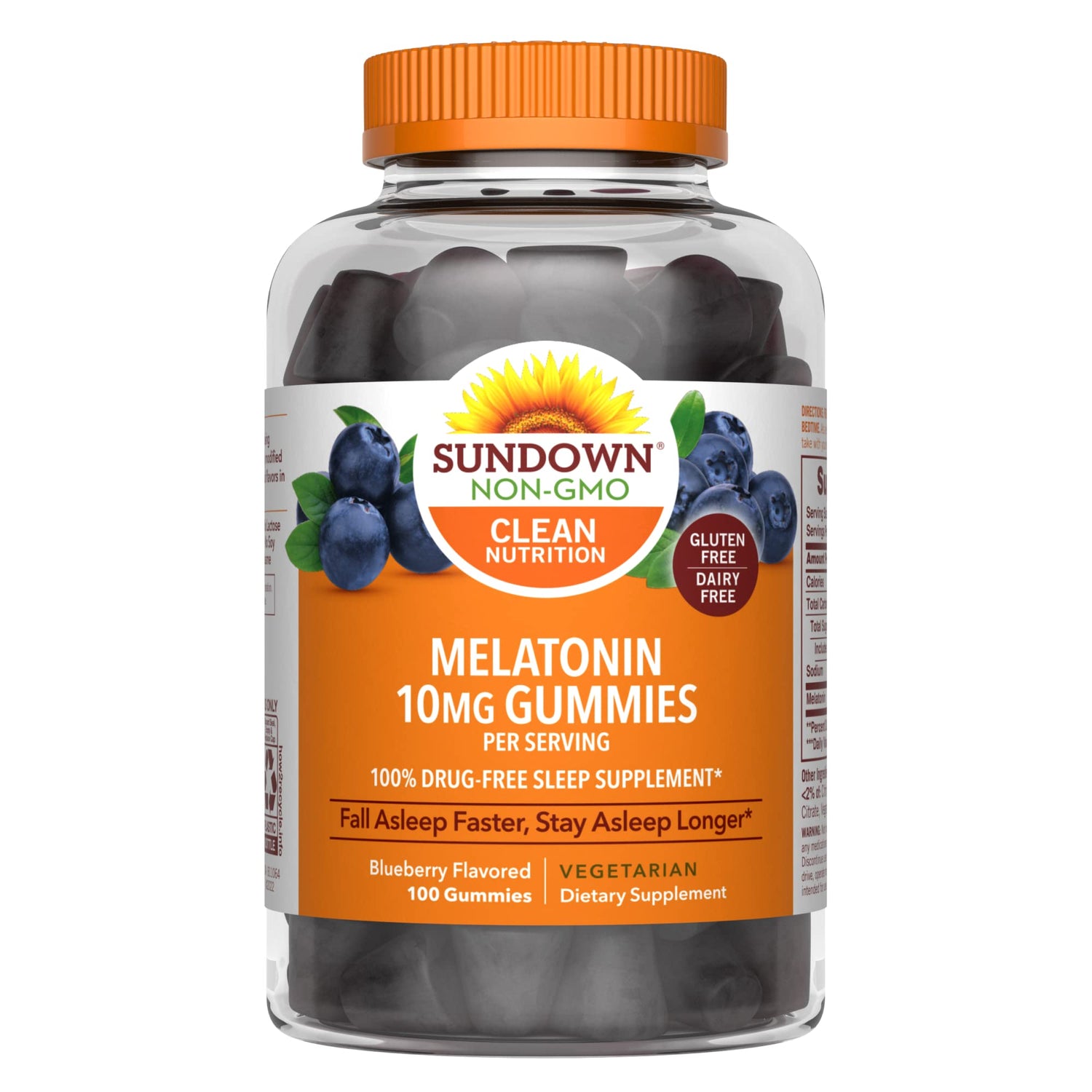 Sundown Melatonin 10mg Gummies 100% Drug-Free Sleep Supplement Vegetarian Blueberry Flavored 100 Count