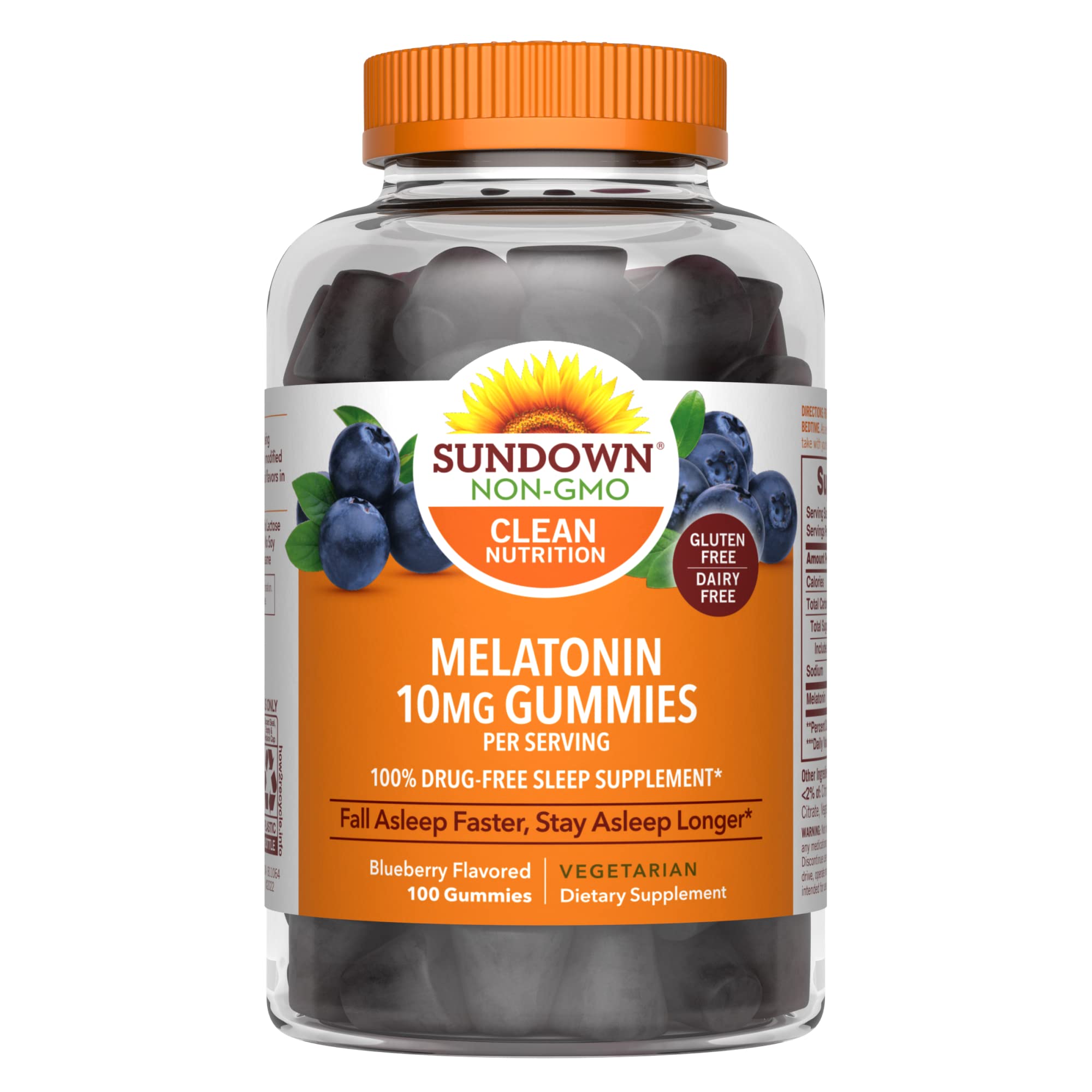 Sundown Melatonin 10mg Gummies 100% Drug-Free Sleep Supplement Vegetarian Blueberry Flavored 100 Count