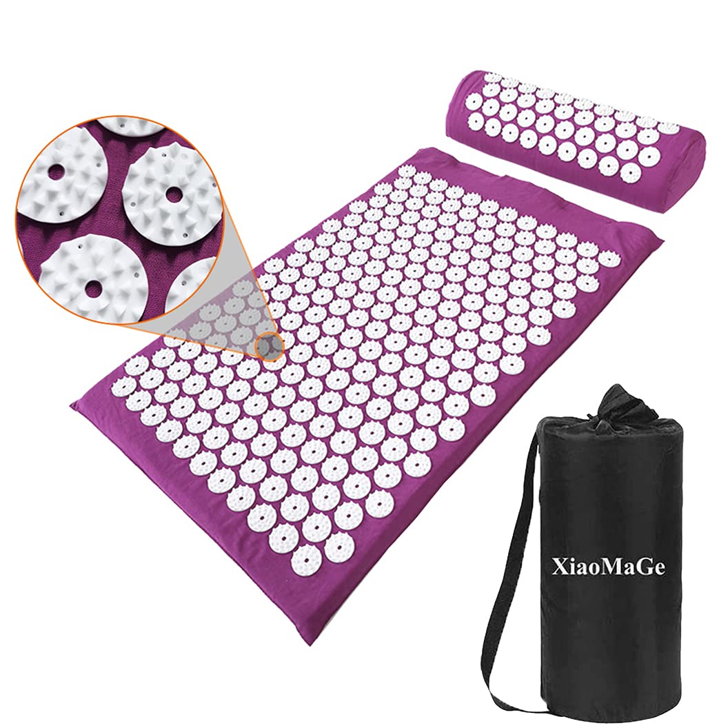 XiaoMaGe Acupressure Mat and Pillow Set with Bag - Large Size 28.7 X 16.5 inch Acupuncture Mat for Neck &amp; Back Pain Muscle Relaxation Stress Relief Sciatica Pain Relief Pillow (Purple)